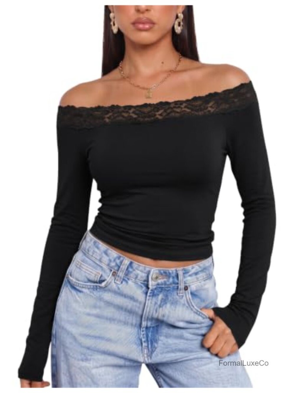 Women's Off Shoulder Long Sleeve Top Lace Trim